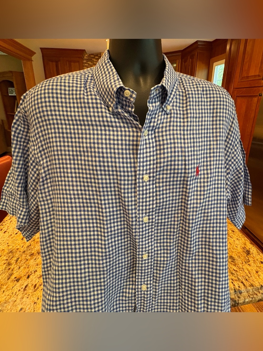 Polo by Ralph Lauren Navy and White Gingham Button-Down short sleeve linen Shirt